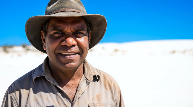 A smiling Aboriginal Australian man wearing a dusty hat stands in the desert under a clear blue sky, representing indigenous heritage and resilience in the outback environment.
