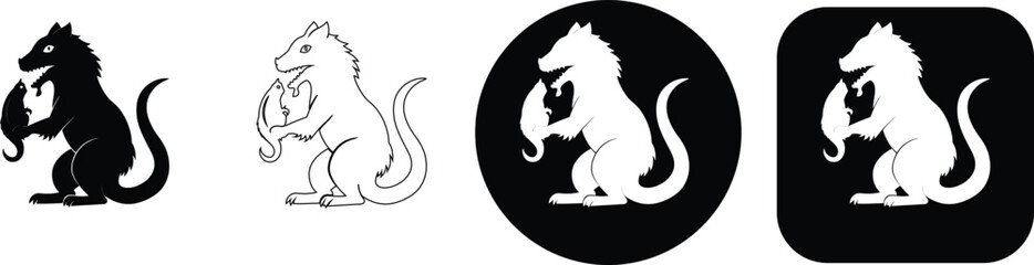 Set of four showing a stylized wolf silhouette standing upright and holding a small creature, in black, white, and outline styles © SilhouetteStore