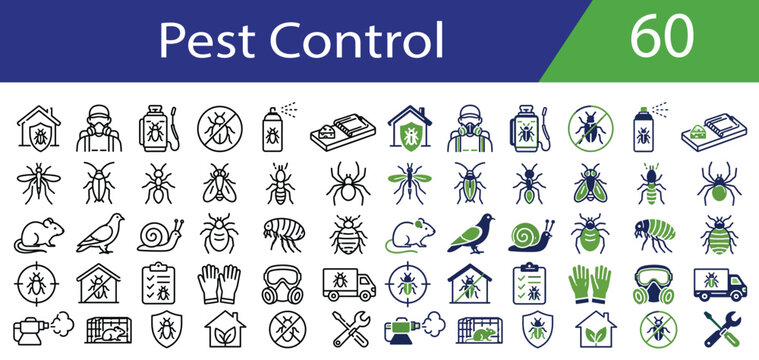 Pest Control Line Icons Set &ndash; Exterminator, Insects, Rodents, Mosquito, Cockroach, Termite, Bug Spray and Vector Icon Collection
