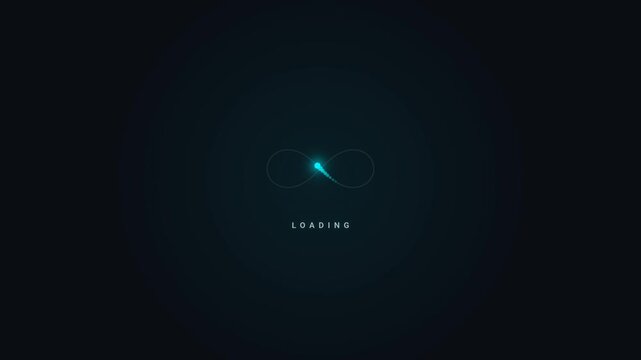 Glowing infinity loop loading screen with particle trail, dark theme UI. Seamless infinity preloader with neon comet trail on dark background