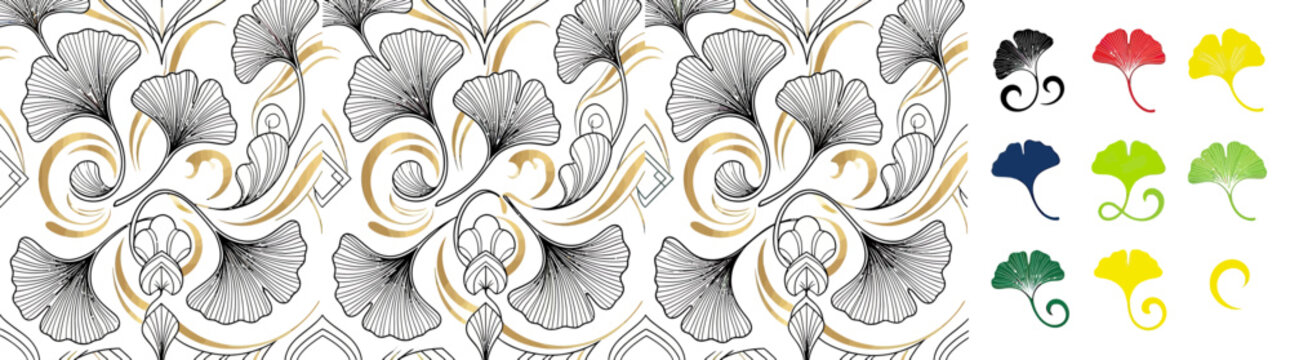 Ginkgo leaf pattern with gold swirls and color samples