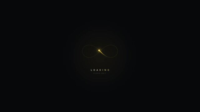 Golden glowing infinity loop loading screen with particle trail, premium UI. Elegant gold infinity preloader animation with comet tail on dark background