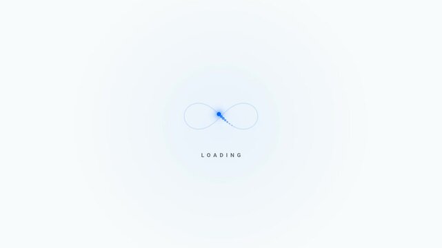 Infinity loop loading animation with blue particle trail, light theme UI. Modern infinity preloader with dot tail on clean white background