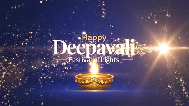 Deepavali greeting with lit diya and golden sparks on blue