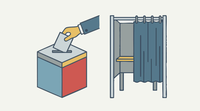 Hand placing ballot into a ballot box at a voting booth, election illustration