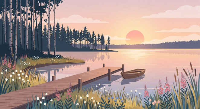Serene lake sunset landscape with wooden pier and rowing boat, peaceful forest wilderness background, flat vector nature illustration