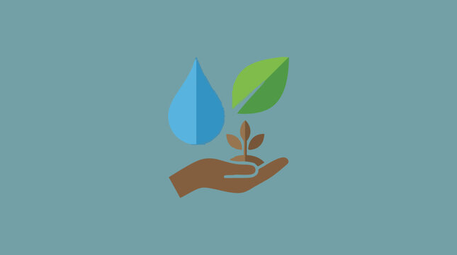 Sustainability concept: hand nurturing plant with water drop and leaves