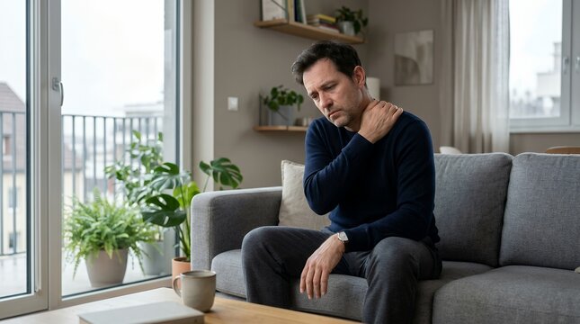 Man suffering from vitamin D deficiency indoors. Tired male experiencing muscle pain and fatigue on modern sofa.