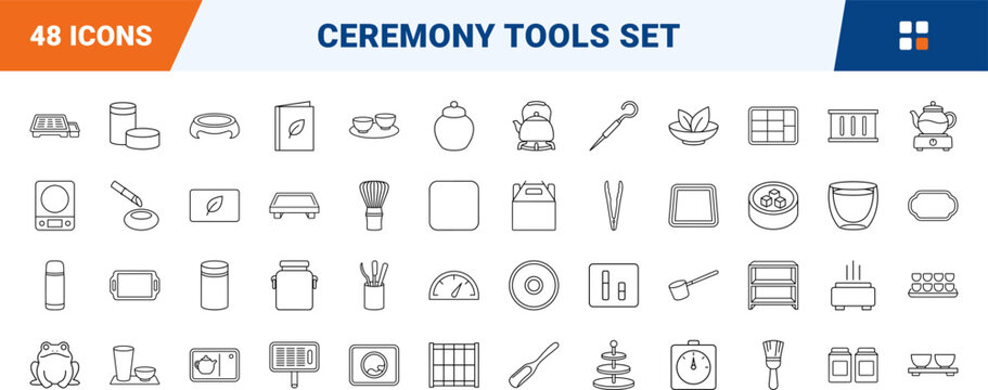 Traditional tea ceremony equipment trays line icon set. Vector pictograms of tray, teaware, teapot, and chaban elements, thin linear illustration.