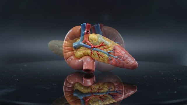 Rotating medical model of human pancreas on dark reflective surface