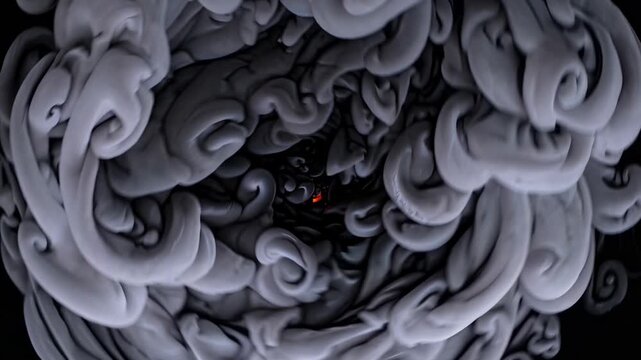 Swirling gray smoke forms a dynamic spiral pattern with hints of orange light emerging from the center, creating a mesmerizing visual effect in a dark environment