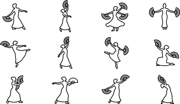 Dancers in various poses with fans