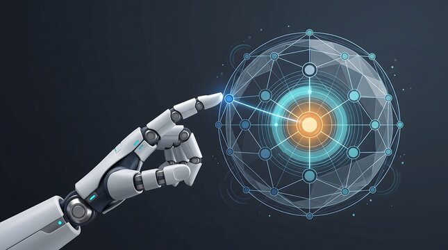 Robot hand touching glowing digital network sphere