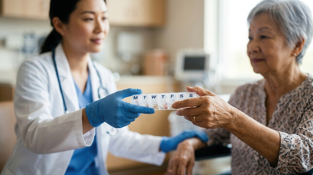 Healthcare worker supporting senior patient in managing diabetes medication effectively and ensuring proper treatment