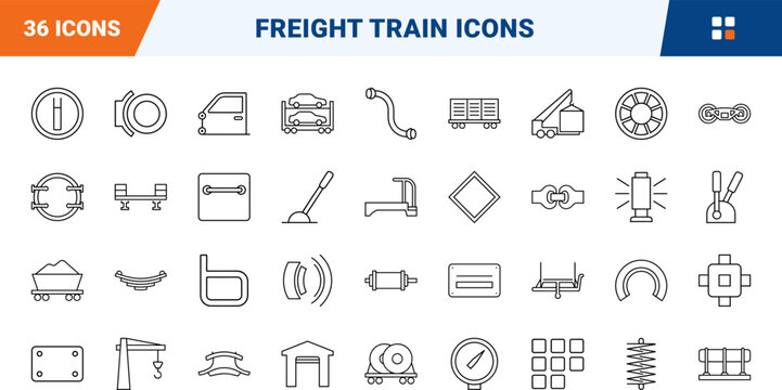 Railroad freight wagon line icon set. Vector pictograms of train, railway, rolling, and railcar elements, thin linear illustration.