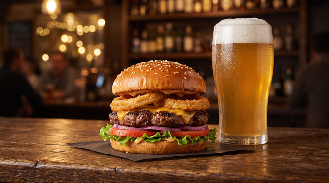 Burger and beer on wooden table in bar with people in the background