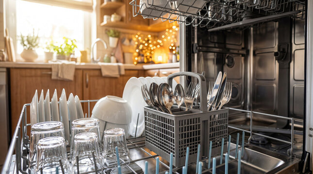 Loading clean dishes into a kitchen dishwasher during afternoon sunlight in a home setting near plants and lights