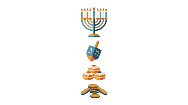 A traditional menorah with a dreidel sufganiyot and chocolate coins for Hanukkah