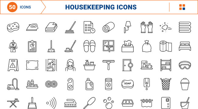 Hotel housekeeping service cleaning trolley line icon set. Vector pictograms of cart, corridor, hospitality, and linen elements, thin linear illustration.