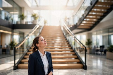 Fototapeta premium Business Woman Looking Up at Office Staircase