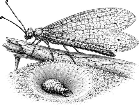 Antlion with Sand Trap and Larva, Hand Drawn Black and White Engraving Style Insect Illustration