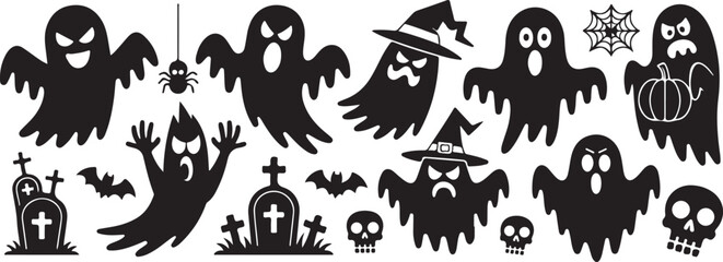 Fototapeta premium Halloween ghost clipart set vector spooky haunted silhouettes skull icons isolated on transparent background