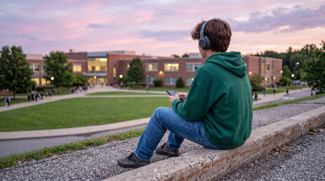 Student listens to music on phone while sitting outside school during sunset