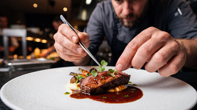 Chef arranging food on a plate in a restaurant kitchen during dinner service
