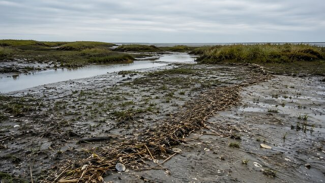 Wrack Line Across a Coastal Salt Marsh After Receding Tide