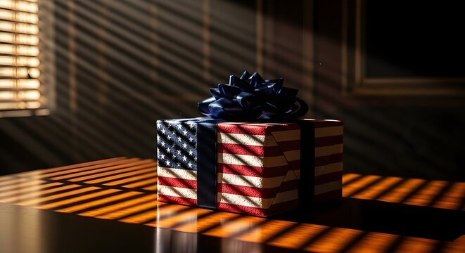 A gift box wrapped in american flag patterned paper with a dark blue bow, sitting on a wooden table with dramatic light and shadow patterns from window blinds