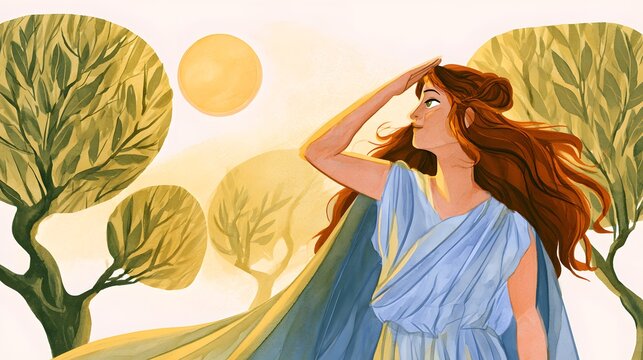 Graceful auburn woman salutes Mediterranean sun evoking timeless strength classical artistry serene illustration