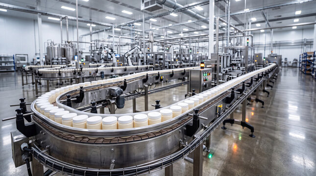 Production line at a factory showing jars moving on a conveyor belt during the day