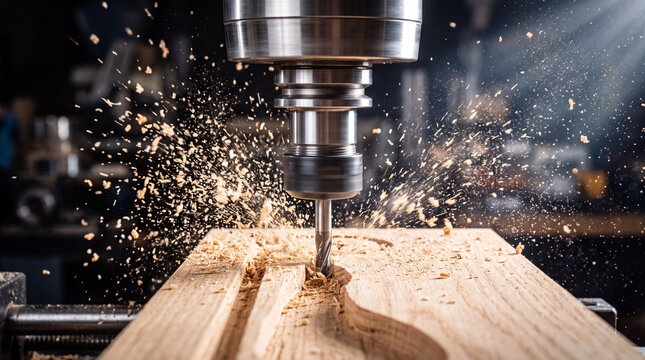 Woodworking machine cuts into a piece of wood while shavings fly in the workshop
