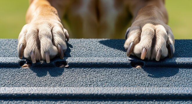 Close-up of dogs paws on fence.