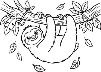 Hanging sloth illustration black and white line art for kids' decor © Liza