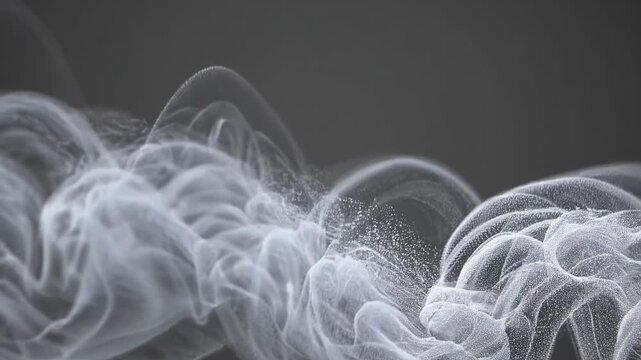 Flowing white smoke patterns gradually shift and swirl against a dark gray background, creating a dynamic visual effect with smooth transitions and soft edges