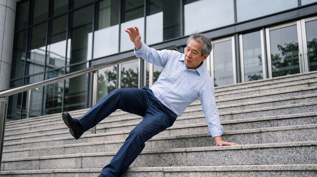 Elderly man falls down steps outside a building during a sunny day in a busy urban area