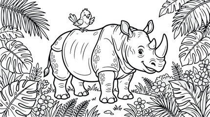 Rhino and bird in jungle outline coloring page illustration © Liza