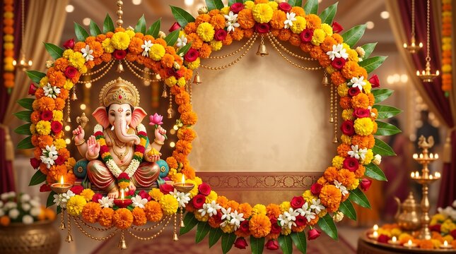 Lord Ganesha idol surrounded by double circular marigold flower frames with copy space