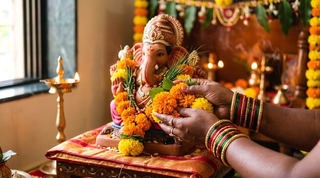 Close up of woman hands offering marigold flowers to Lord Ganesha idol during puja ritual
