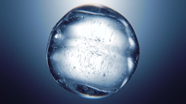 Blue hyaluronic acid serum bubble. Skincare cosmetics macro 3D abstract background. Pure moisturizer essence gel or water drop. Collagen fluid molecule, peptide face lotion. Skin lifting cream