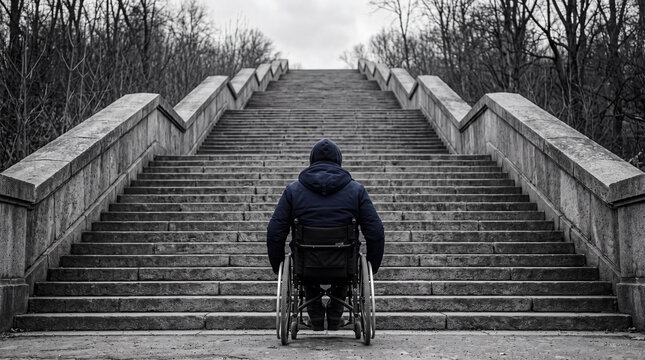 Man in wheelchair facing stairs in a park on a cloudy day