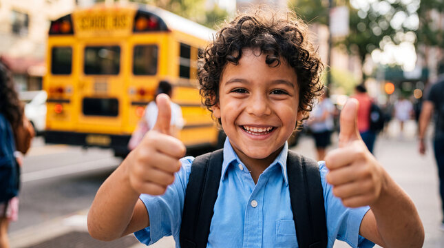 Child enjoys time on the street near school bus while giving thumbs up