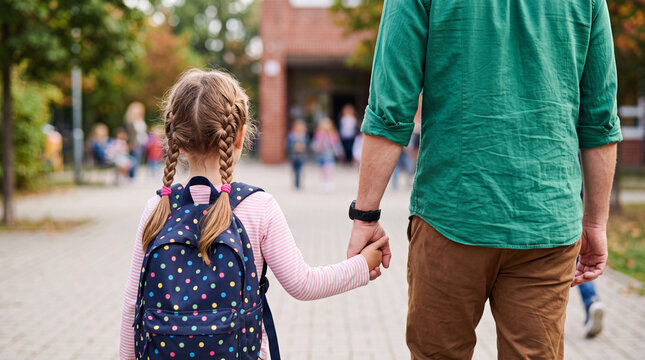 Child walks with parent to school during morning hours in a neighborhood setting