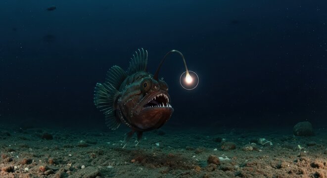 Deep Sea Anglerfish With Bioluminescent Lure Hunting in the Abyss