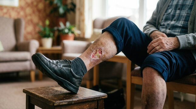 Detailed view of a diabetic patient's leg showing a wound in a medical environment highlighting the importance of proper care