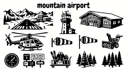 mountain airport facilities featuring alpine runways control towers passenger terminals snow covered surroundings rescue helicopters and aviation vector illustration set for engineering transportation © samira