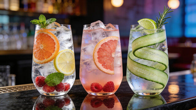 Refreshing drinks served in tall glasses at a lively bar during the evening with colorful garnishes