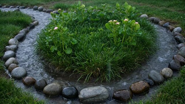Serene Garden Stream Flowing Around a Lush Green Island of Grass and Flowers.