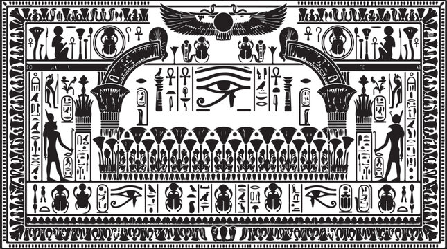 Ancient Egyptian hieroglyphics vector illustration, black and white papyrus mural with Eye of Horus, mystical pharaoh symbols and deities